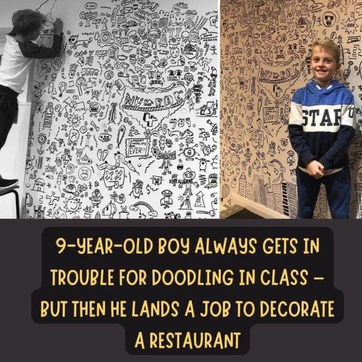 9-Year-Old Boy Always Gets in Trouble for Doodling in Class – But Then He Lands a Job to Decorate a Restaurant